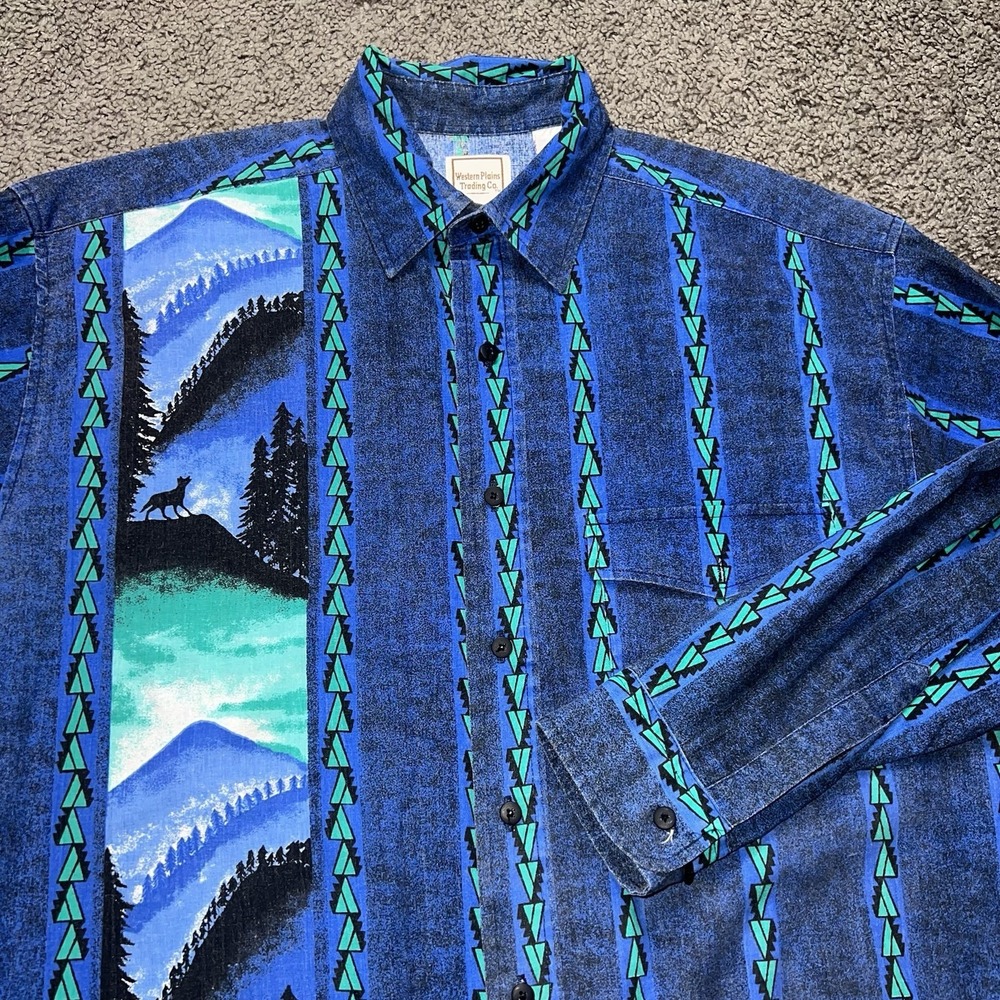 Vintage Western Plains Trading Co. Shirt Mens XL Blue Teal Southwestern Wolf 90s